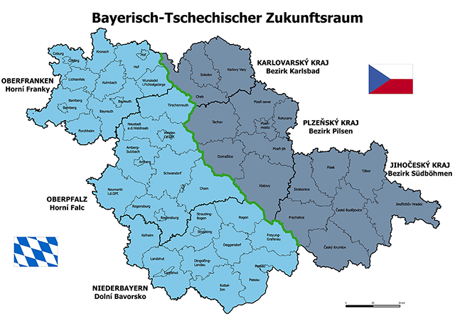 Bayerisch-Tschechischer Zukunftsraum, Landkarte mit den Bezirken an der Grenze